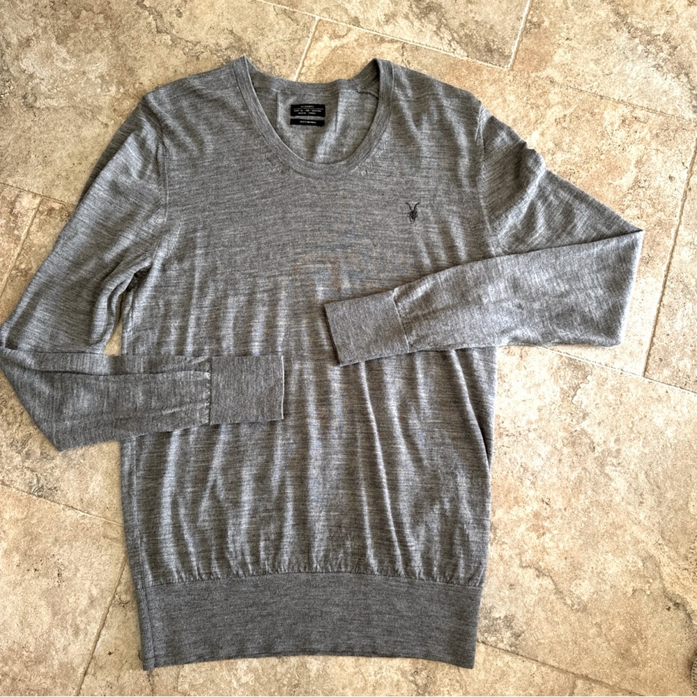 Allsaints Sweater Mens Medium Gray Crewneck Merino Wool Pullover Logo Casual